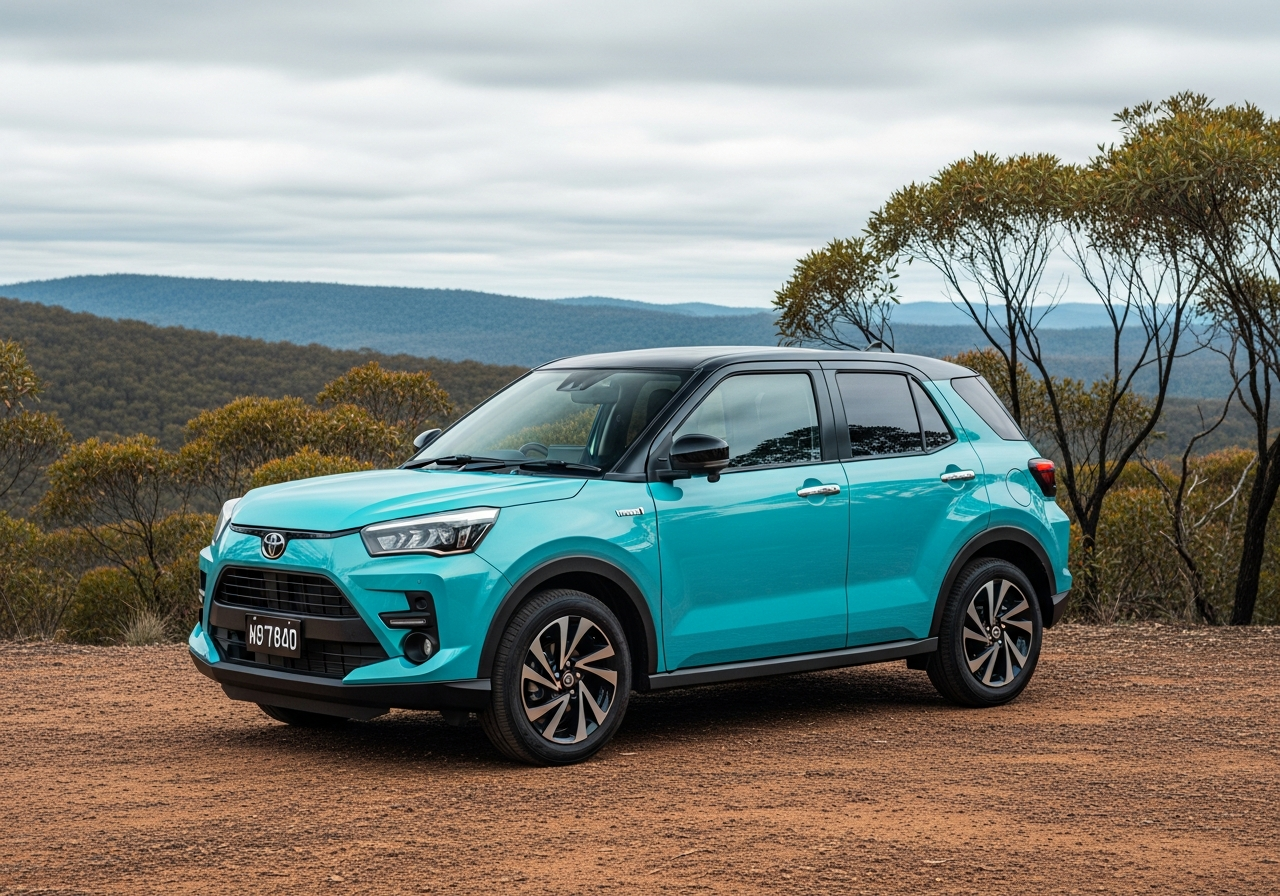 A red Toyota Raize Hybrid compact SUV, a fuel-saving crossover, parked with an Australian coastline in the background.